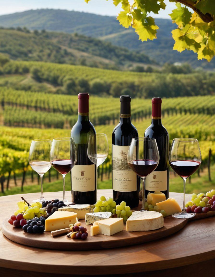 A sophisticated setting featuring a beautifully arranged wine tasting table with an array of wine glasses, bottles, and elegant cheese pairings. Include a knowledgeable sommelier gracefully demonstrating wine pouring techniques, with vineyard landscapes in the background. The ambiance should exude warmth and elegance, inviting the viewer into the world of wine expertise. super-realistic. vibrant colors. soft lighting.