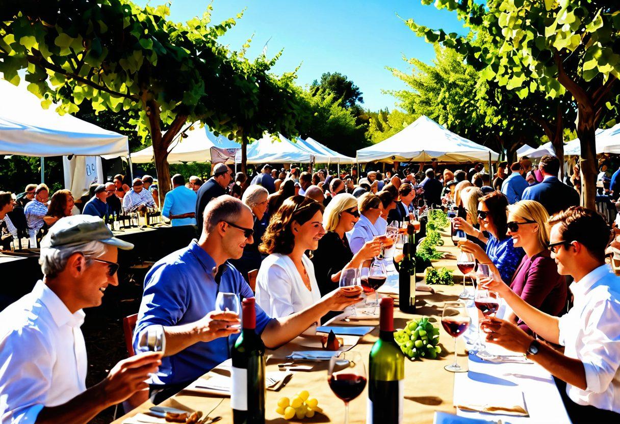 A lively outdoor wine festival scene with diverse groups of people tasting wines, a long table filled with various wine bottles and glasses, grapevines in the background, and banners for wine clubs and courses fluttering in the breeze. The atmosphere is festive and inviting, showcasing the joy of community and wine appreciation. super-realistic. vibrant colors. bright sunlight.
