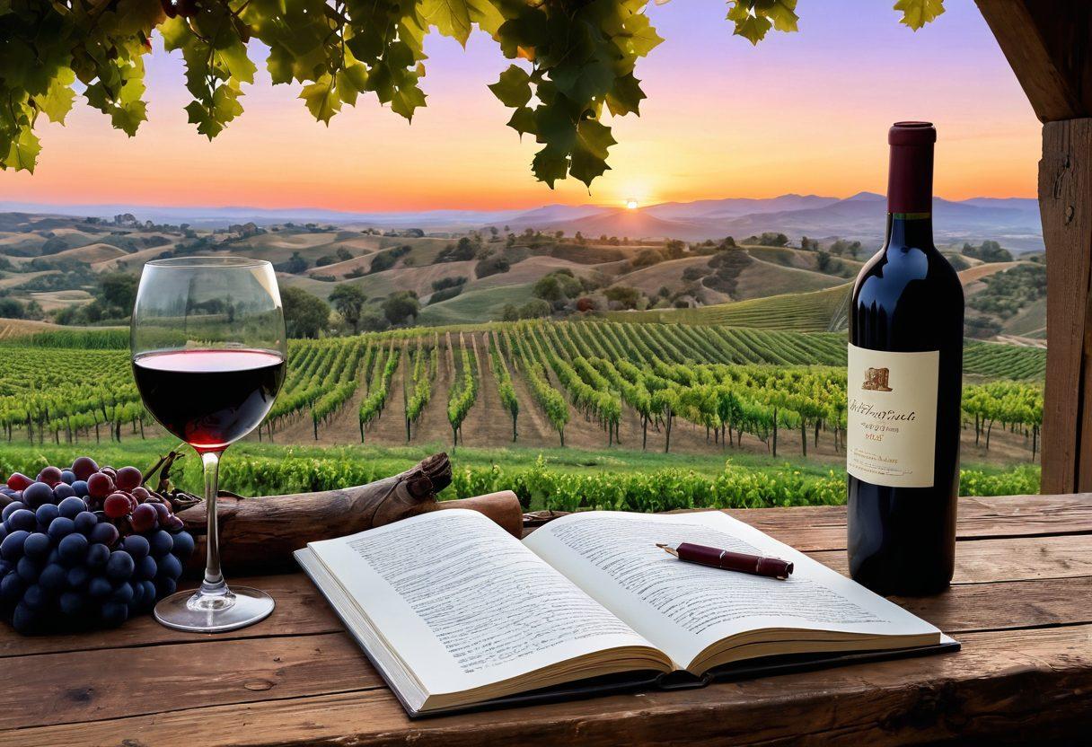 A scenic vineyard at sunset, with gentle rolling hills and lush grapevines, a wine bottle and a glass overflowing with deep red wine set on a rustic wooden table, scattered grape clusters, and an open wine-tasting notebook filled with notes. The atmosphere is warm and inviting, evoking a sense of celebration and learning about wine. super-realistic. warm tones. serene background.